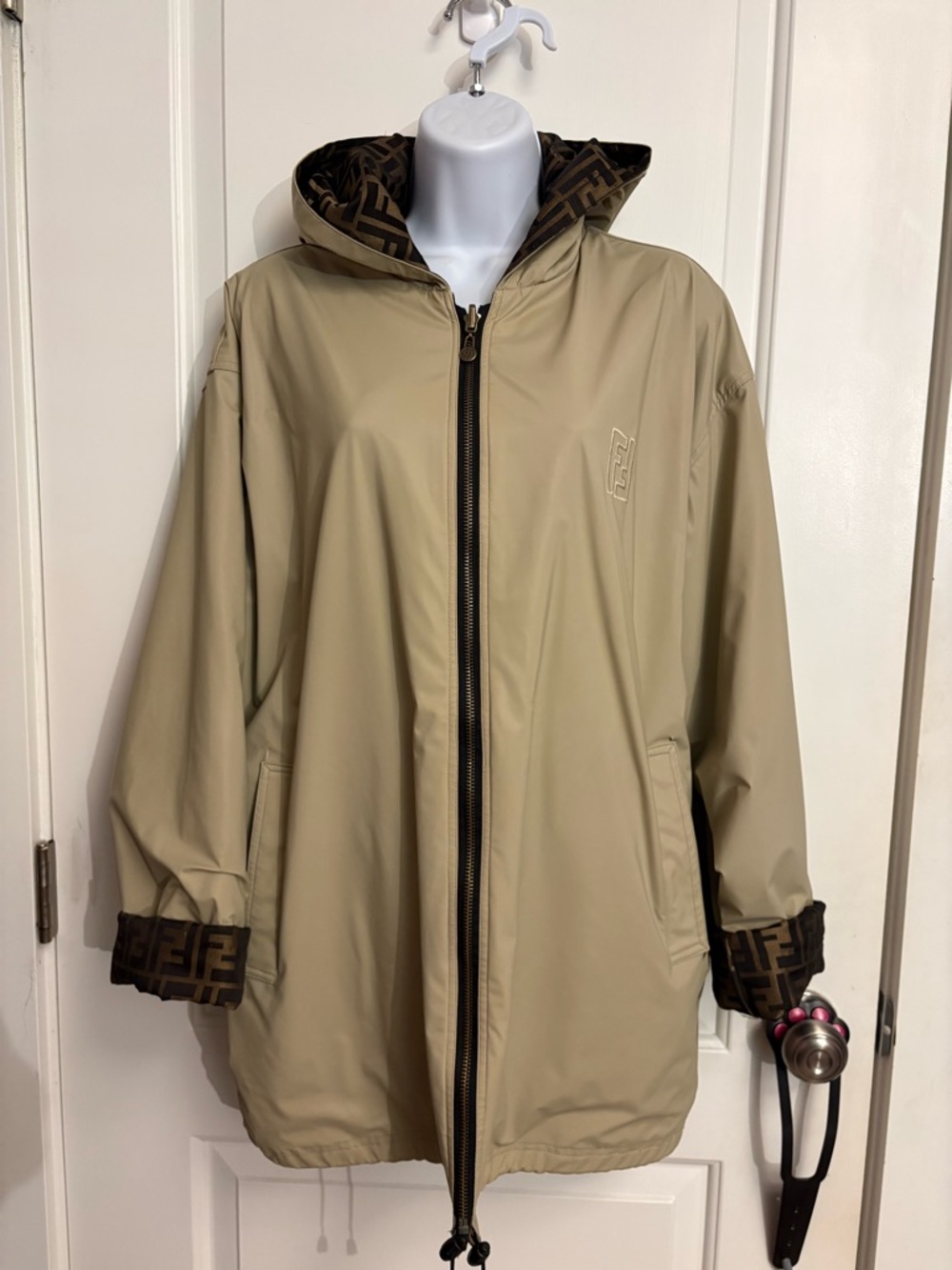Fendi Unisex Reversible Nylon Zucca Jacquard Fabric Hooded Raincoat XL *AS IS*